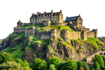 Naklejka premium Historic stone castle perched on a green grassy hill with a black background fortress architecture isolated on a transparent background