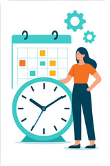 Woman standing beside large clock and calendar, flat graphic style, white background, concept of time management. Modern flat vector sticker label with icon and badge style