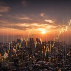 A city skyline at sunset, overlaid with financial chart data, showcasing growth and success.
