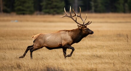 Majestic elk gracefully strides across golden prairie, its antlers a crown of wildness in the