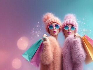 Two stylish women in pastel fuzzy coats and colorful hats pose with shopping bags against a dreamy bokeh background. Retro chic fashion, winter glamour, trendy lifestyle, shopping concept, colorful ae