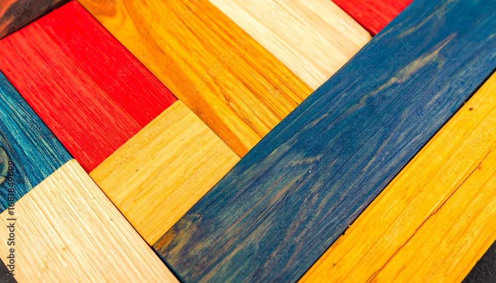 Poster vibrant colorful wooden planks arranged in a dynamic herringbone pattern abstract background.