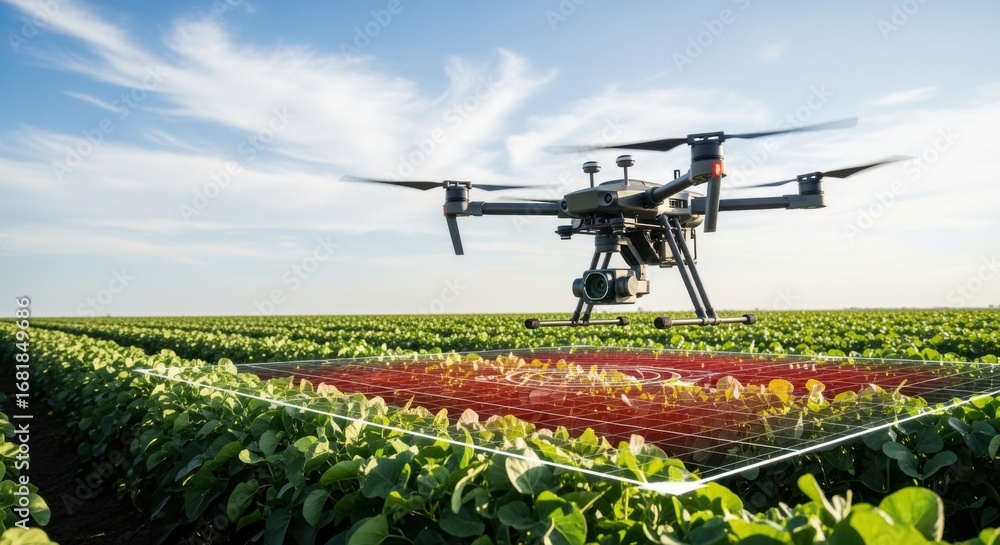 Poster Medium shot of a GPSguided drone hovering over a plantation mapping precise pestaffected zones to optimize targeted pesticide application