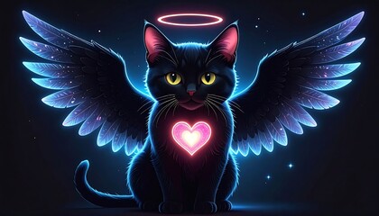 A captivating black cat with luminous wings and a glowing heart, embodying a celestial and loving spirit.