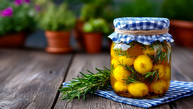 Homemade pickles with herbs in a jar. Fresh lemon pickles are preserved in a jar with aromatic herbs on a wooden table surrounded by potted plants.