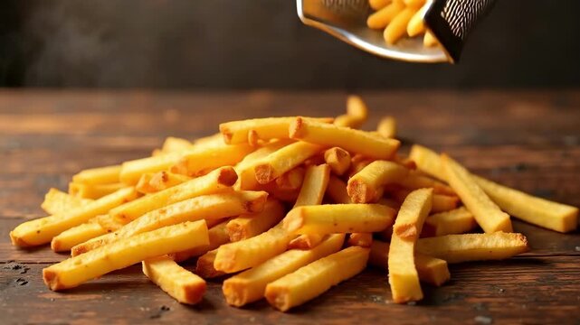 Golden, crispy french fries spilling onto a rustic wooden table, a tempting fast food treat.