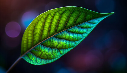 Vibrant Green Blue Leaf with Colorful Bokeh Background