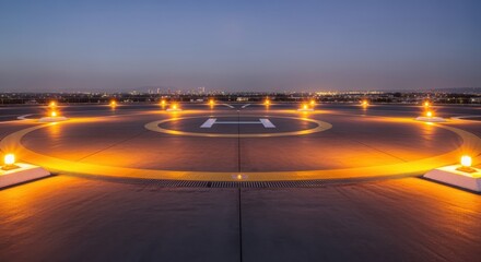 Fototapeta premium Panoramic view of a helipad with perimeter lights mounted on raised pedestals illustrating enhanced visibility in low light conditions.