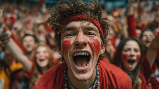 Man with face paint and headband yelling at a sporting event with excited crowd, showing passion and excitement during match