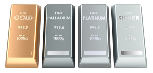 Precious metals bullion set. Gold, palladium, platinum and silver bars. 3D rendering