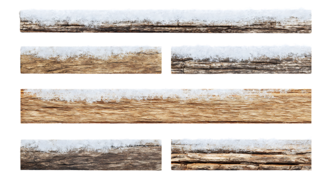 Wooden planks covered with snow isolated on transparent background
