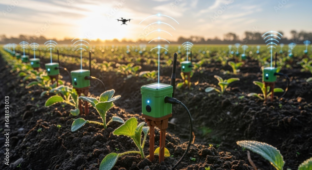 Poster medium shot of iot sensor devices attached to crop plants transmitting realtime data to monitor yiel