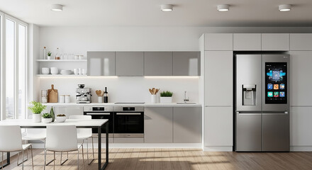 Modern smart refrigerator displaying information in contemporary kitchen