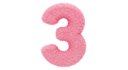 A fluffy pink number three isolated on a black background in a studio shot with soft lighting
