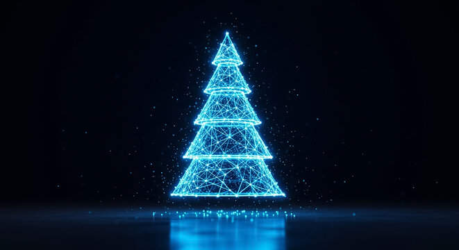 Glowing blue plexus christmas tree reflecting on dark surface