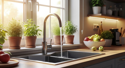 Water running from faucet into modern kitchen sink with herbs and fruits