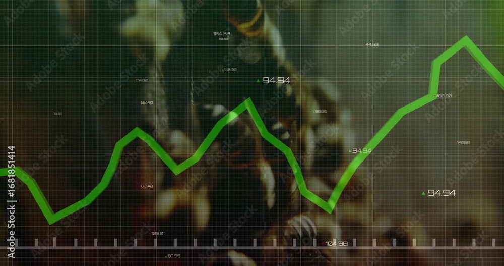 Poster displaying green line graph with grid on blurred industrial background showing numeric value labels