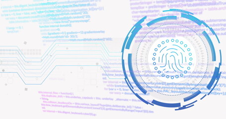 Displaying fingerprint scan graphic on cybersecurity dashboard, with circuit tracings and code