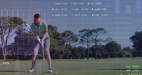 Bending adult golfer wearing visor teeing ball from tee with club on fairway with data overlays