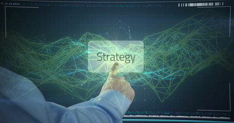 Interacting male hand in dress shirt touching Strategy button on screen in workspace, with network