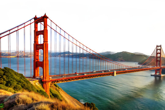 Golden Gate Bridge San Francisco California Iconic Landmark Over Water with Coastal Hills and Dramatic Sky isolated on a transparent background