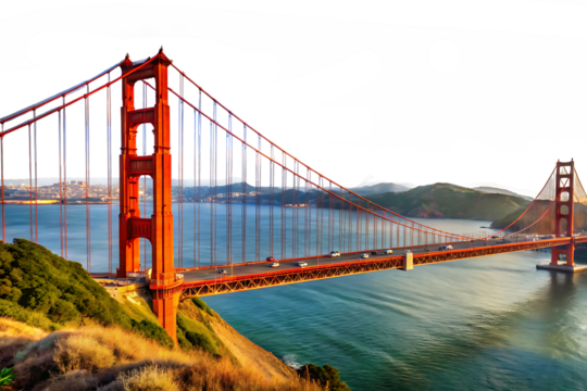 Golden Gate Bridge San Francisco California Iconic Landmark Over Water with Coastal Hills and Dramatic Sky isolated on a transparent background