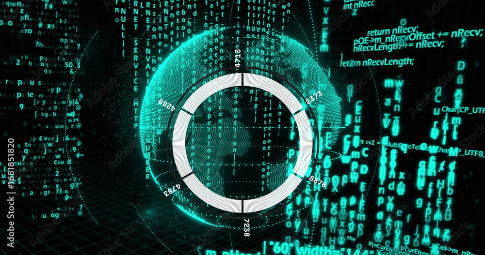 Poster showing ring chart overlaying wireframe globe in cyberspace with code streams over grid floor