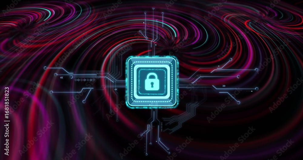Poster showing glowing cyan padlock icon spinning in abstract tech environment, neon circuit lines