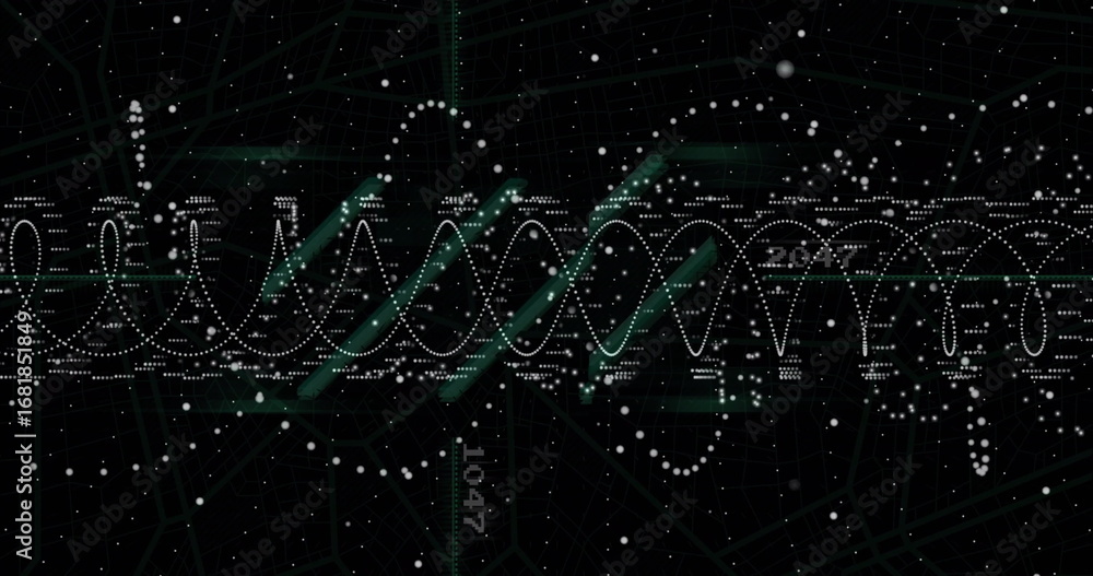 Poster displaying white-dotted waveform loops spanning digital grid, with green segmented lines, data dots