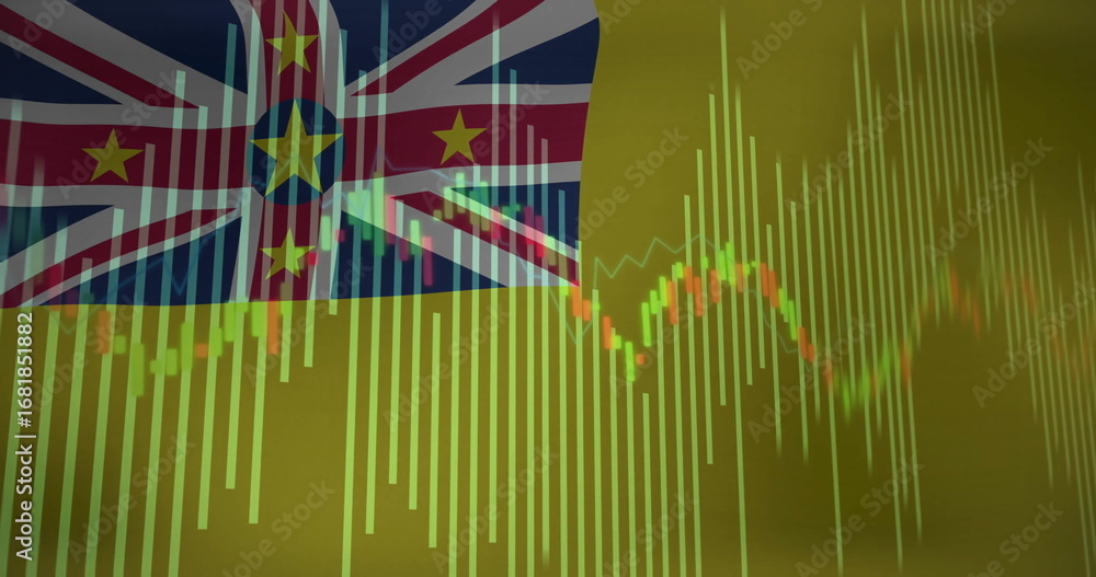 Poster displaying niue flag overlaying stock market bar graph on digital backdrop, with candlestick chart