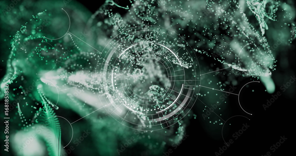 Aufkleber displaying translucent circular hud interface in virtual space, with green particles and rings