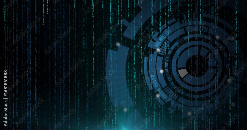 Poster presenting hud overlaying code streams in cyberspace, with gears and glowing nodes, copy space