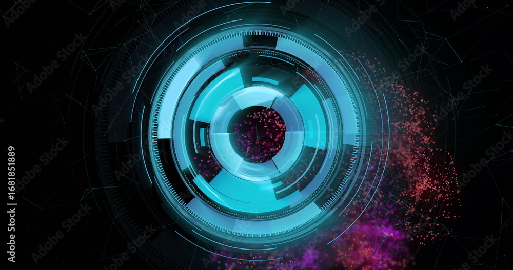 Aufkleber displaying circular interface rotating in black void, with segmented rings and red purple particles