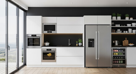 Fototapeta premium Modern white kitchen interior with stainless steel appliances and scenic view