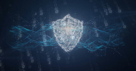 Floating luminous digital shield hovering in virtual cyberspace, with cyan mesh and binary digits