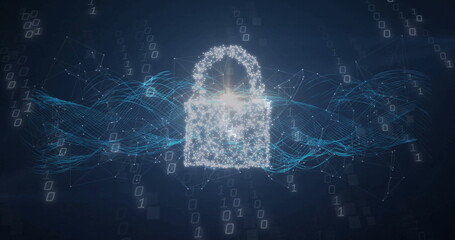 Floating digital padlock glowing in cyberspace, with binary digits mesh lines and data squares
