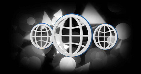 Displaying three 3D globe icons floating in digital backdrop, with white grid and blue outline