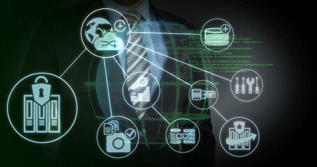 Interacting executive navigating holographic network interface in code, with glowing security icons