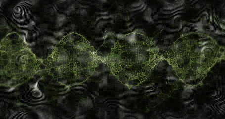 Twisting neon-green fractal lattice undulating across digital space, with white dot matrix grid