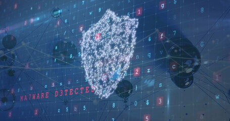 Displaying digital shield hovering in cyber network with nodes, alphanumeric code, red warning text