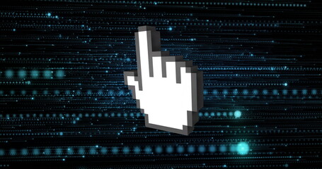 Pointing white pixel hand cursor gesturing upward on dark virtual field with streaming data