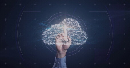 Pointing hand clad in blue shirt interacting in digital interface, with cloud network HUD overlay