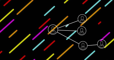 Showing user silhouette icon connecting to four icons with white lines on black, with neon bars