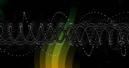 White dotted sine waves oscillating in black canvas, with green yellow gradients and dot clusters