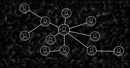 Illustrating central hub icon connecting peripheral user nodes on dark wave-textured background