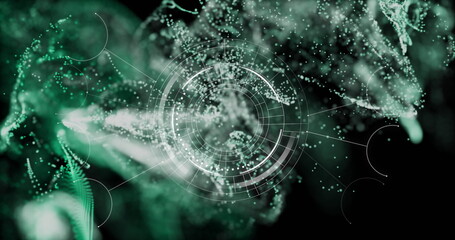 Displaying translucent circular HUD interface in virtual space, with green particles and rings