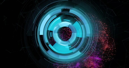 Displaying circular interface rotating in black void, with segmented rings and red purple particles