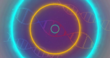 Displaying neon rings and red eye glowing on digital canvas with purple gradient and DNA motifs