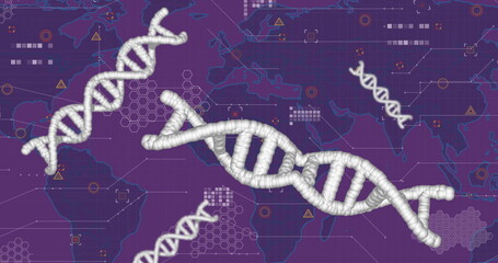 Floating white 3D DNA helices over purple blueprint, with map outline, data nodes and warning icons