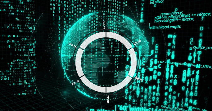 Showing ring chart overlaying wireframe globe in cyberspace with code streams over grid floor